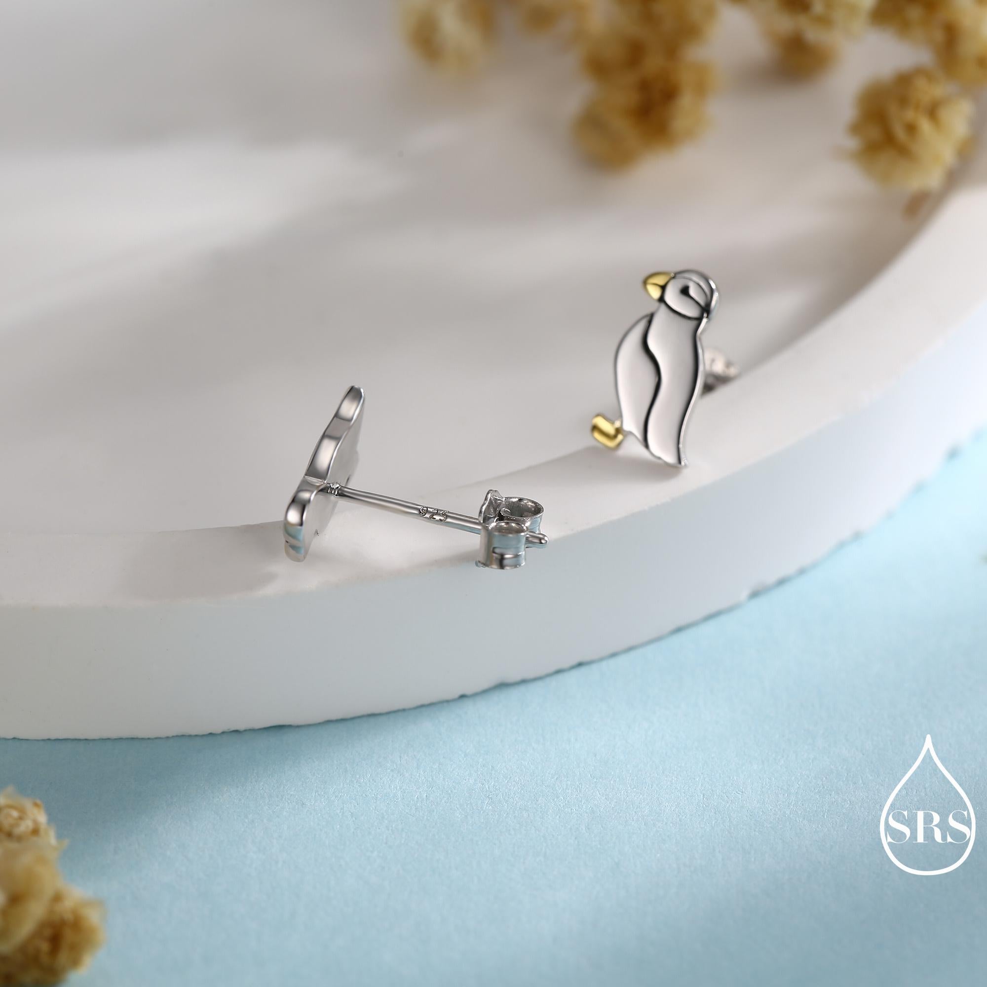 Puffin Bird Stud Earrings in Sterling Silver - Gold and Silver Two Tone - Cute, Fun, Whimsical and Pretty Jewellery
