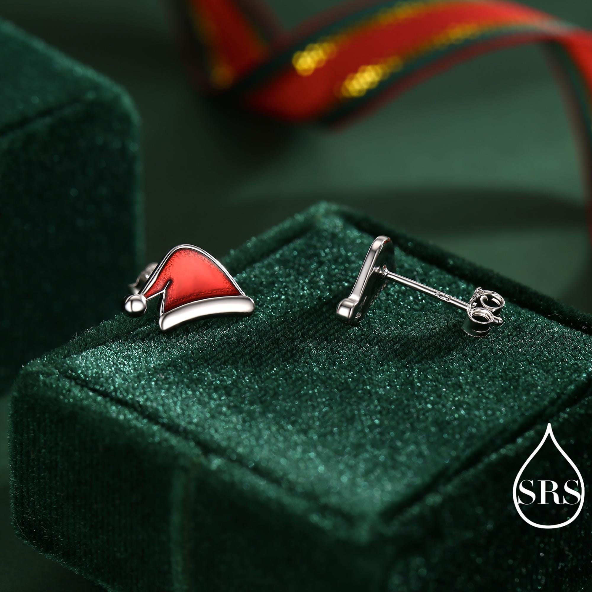 Enamel Christmas Hat Stud Earrings in Sterling Silver, Red Enamel Christmas Earrings, Perfect Christmas Gift