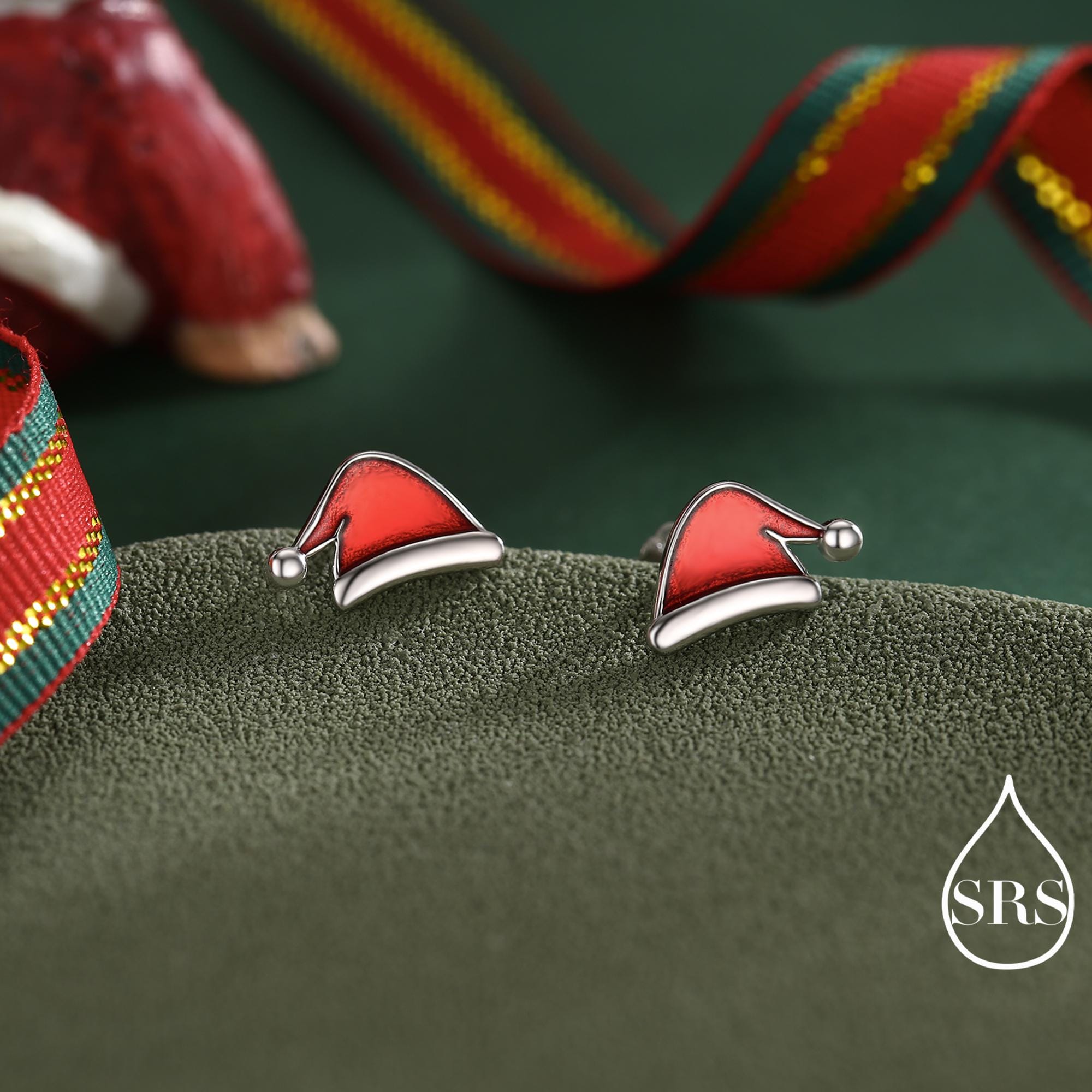 Enamel Christmas Hat Stud Earrings in Sterling Silver, Red Enamel Christmas Earrings, Perfect Christmas Gift