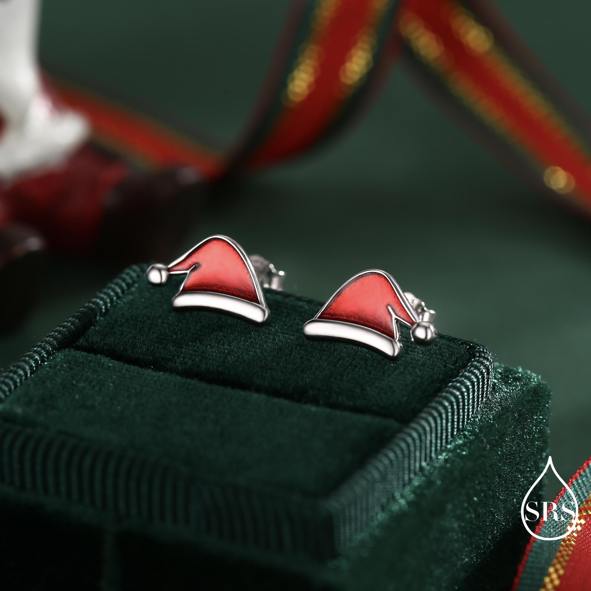Enamel Christmas Hat Stud Earrings in Sterling Silver, Red Enamel Christmas Earrings, Perfect Christmas Gift