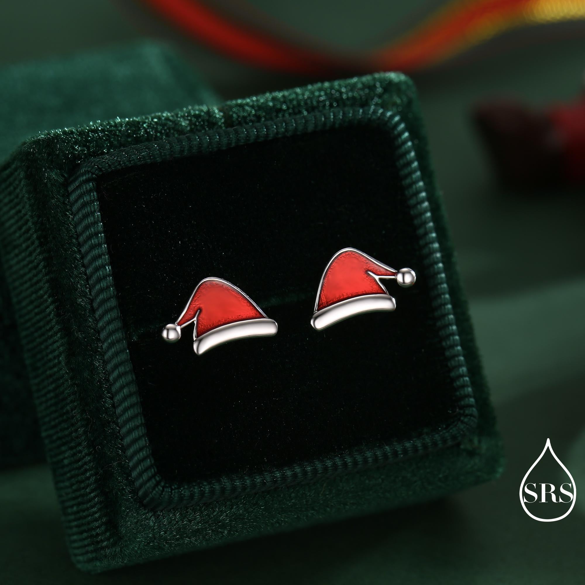 Enamel Christmas Hat Stud Earrings in Sterling Silver, Red Enamel Christmas Earrings, Perfect Christmas Gift