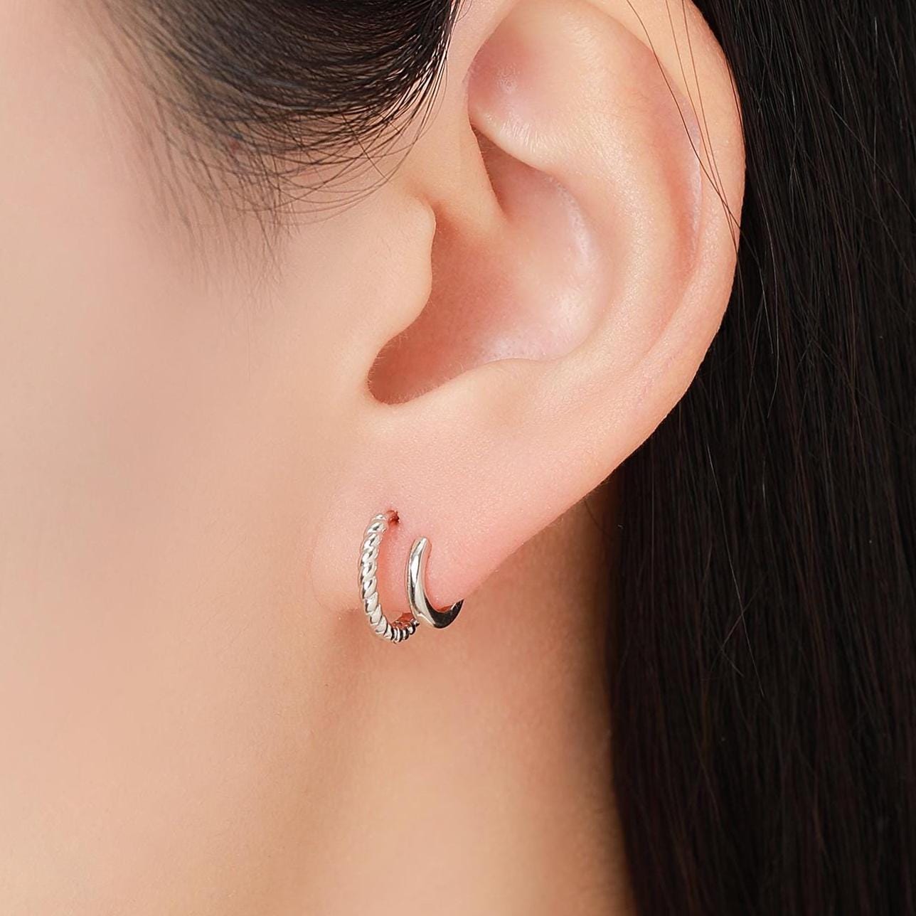 Single Piercing Double Hoop Effect Earrings in Sterling Silver, Braided Texture Hoop Earrings, Silver, Gold, Rose Gold, Dainty and Delicate