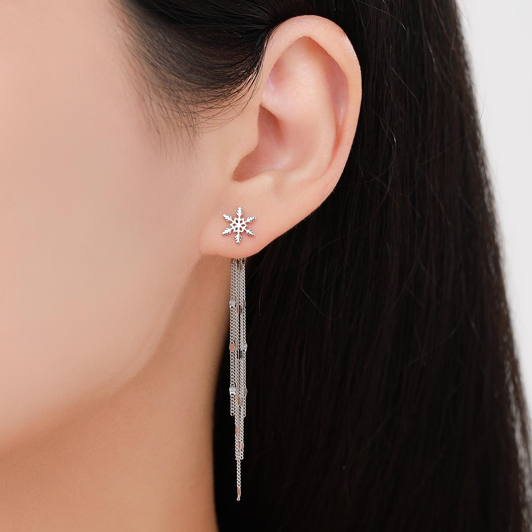 Snowflake Dangle Drop Stud Earrings in Sterling Silver with Sparkle Tassels, Silver or Gold or Rose Gold, Winter Statement Earrings