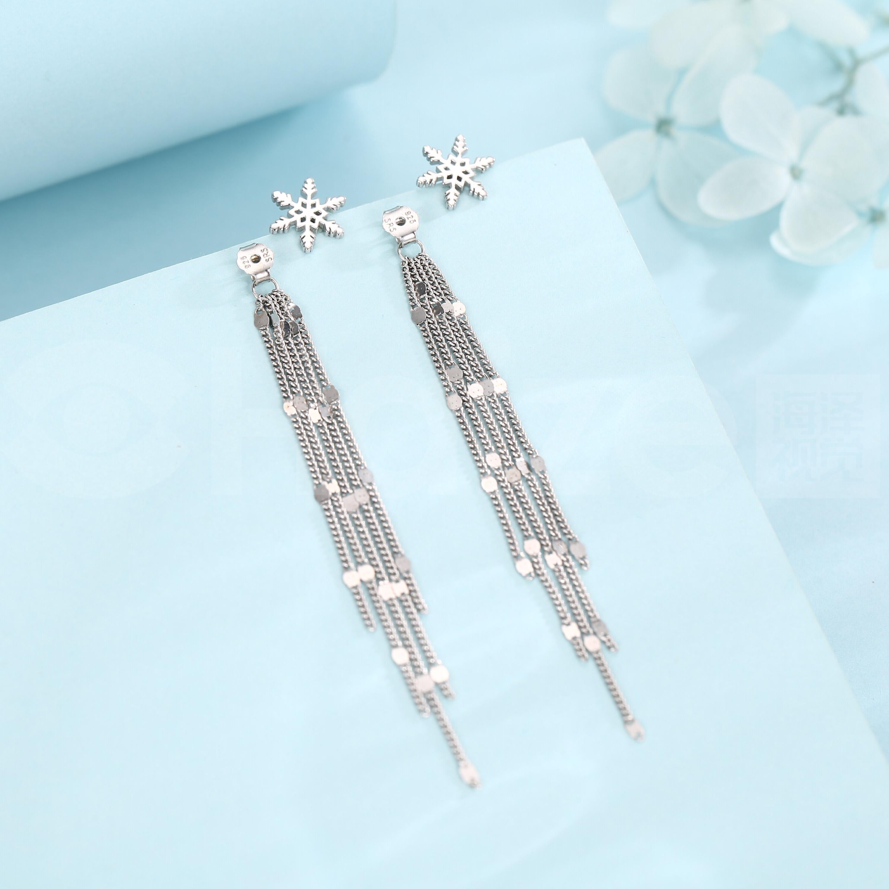 Snowflake Dangle Drop Stud Earrings in Sterling Silver with Sparkle Tassels, Silver or Gold or Rose Gold, Winter Statement Earrings