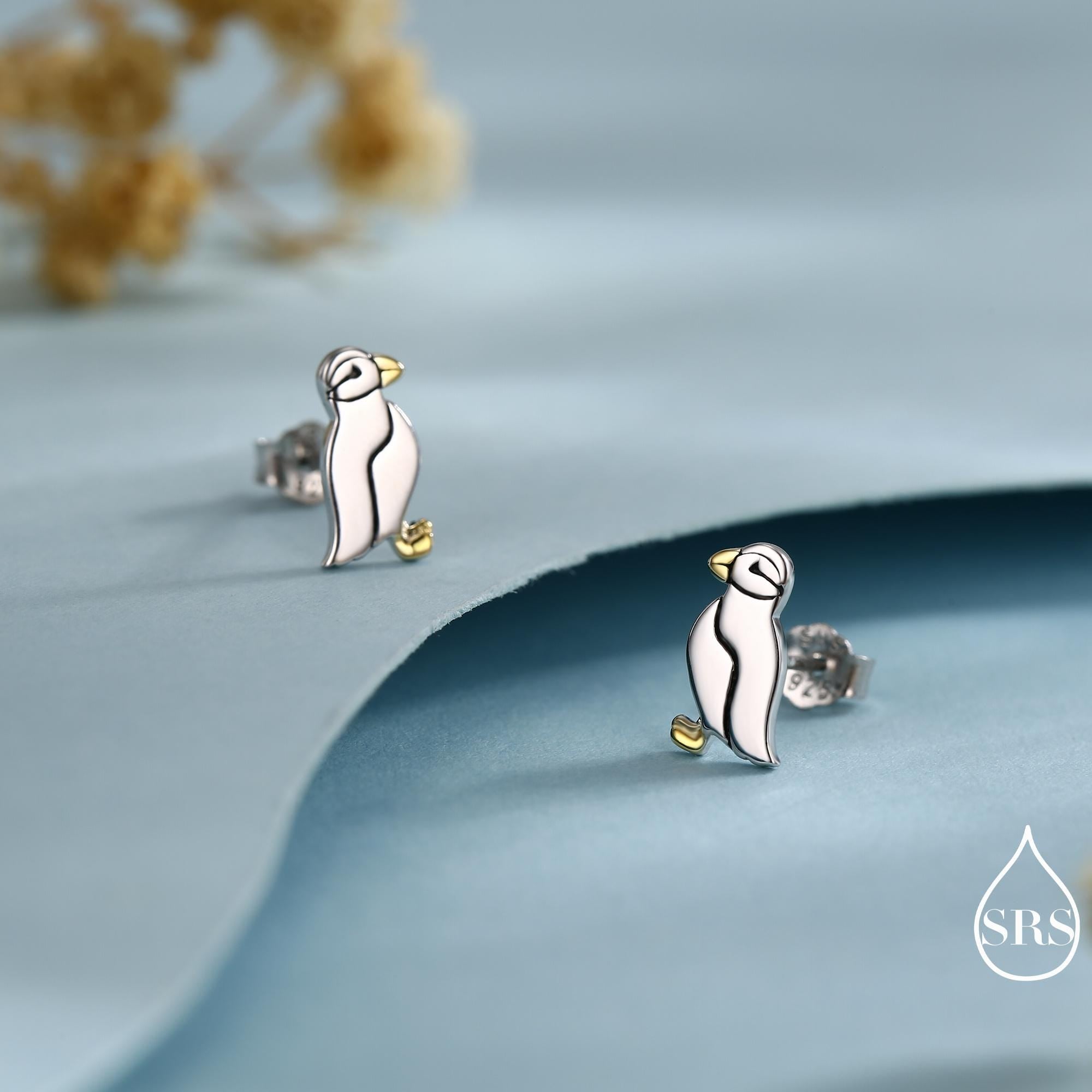 Puffin Bird Stud Earrings in Sterling Silver - Gold and Silver Two Tone - Cute, Fun, Whimsical and Pretty Jewellery