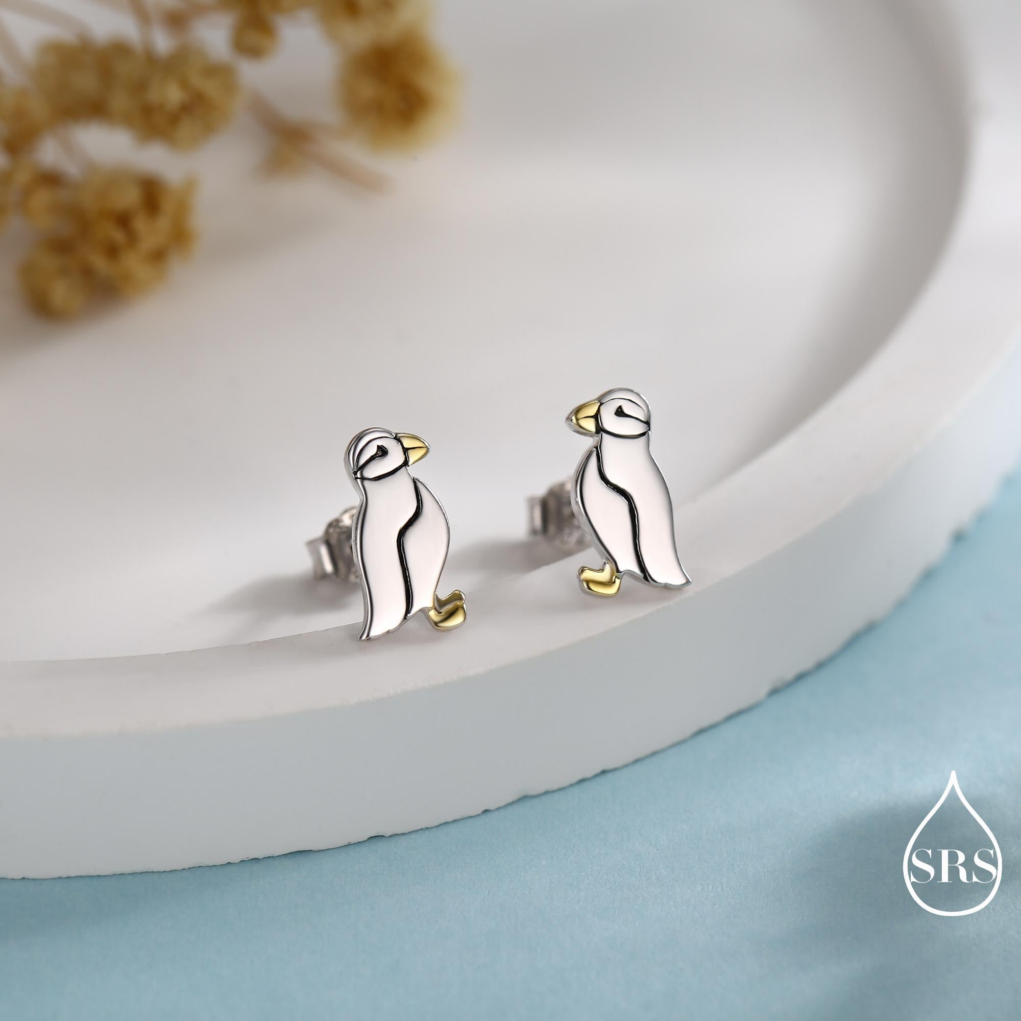 Puffin Bird Stud Earrings in Sterling Silver - Gold and Silver Two Tone - Cute, Fun, Whimsical and Pretty Jewellery