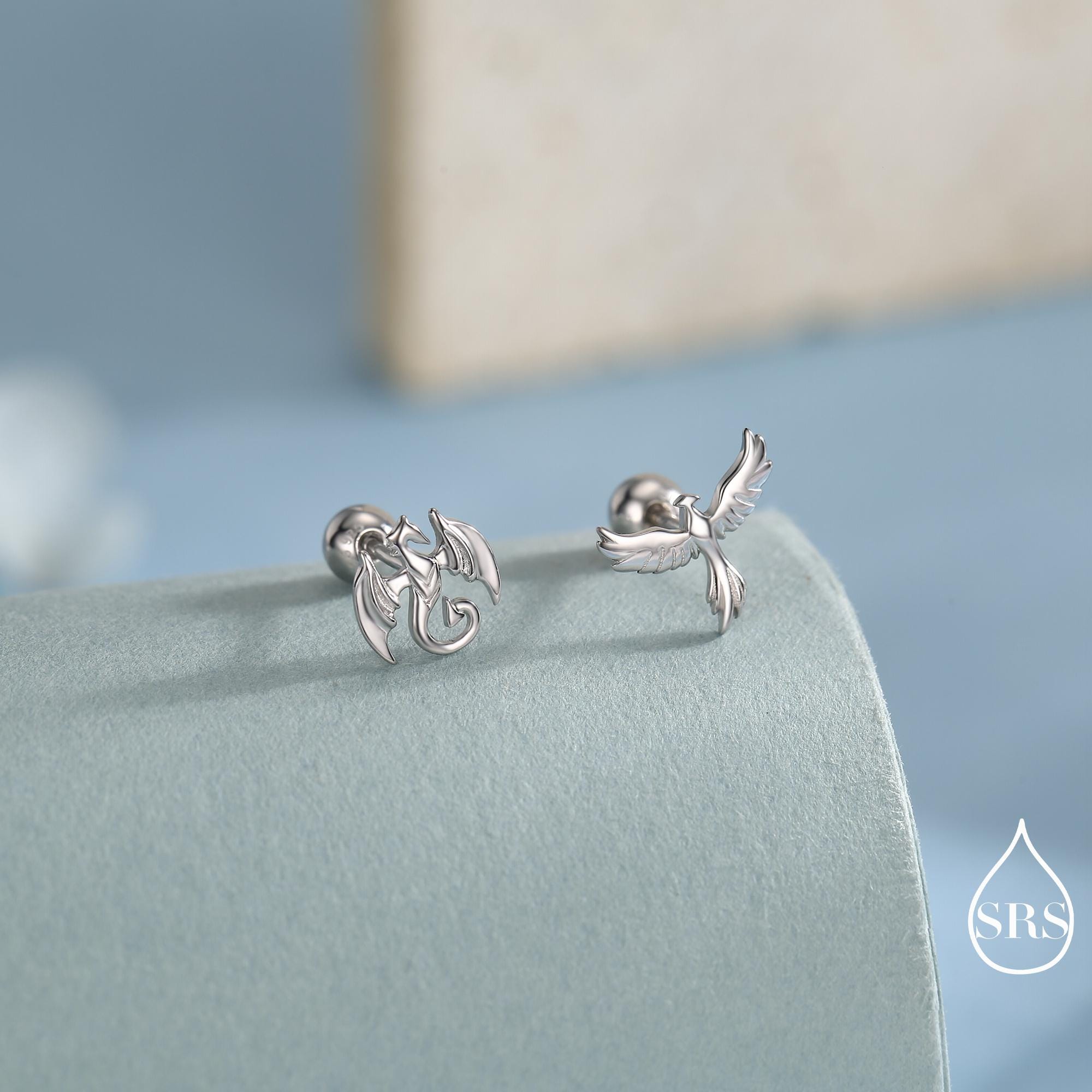 Mismatched Dragon and Phoenix Screw Back /Internally Threaded Flat Back /Stud Earrings in Sterling Silver, Silver, Gold, Rose Gold