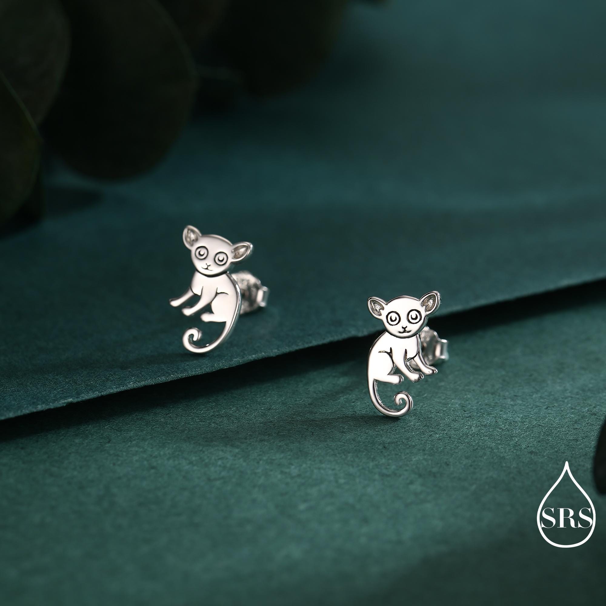 Sterling Silver Bush Baby Earrings | Minimalist Animal Studs | Jungle Galago Earrings | Silver, Gold or Rose Gold Finish