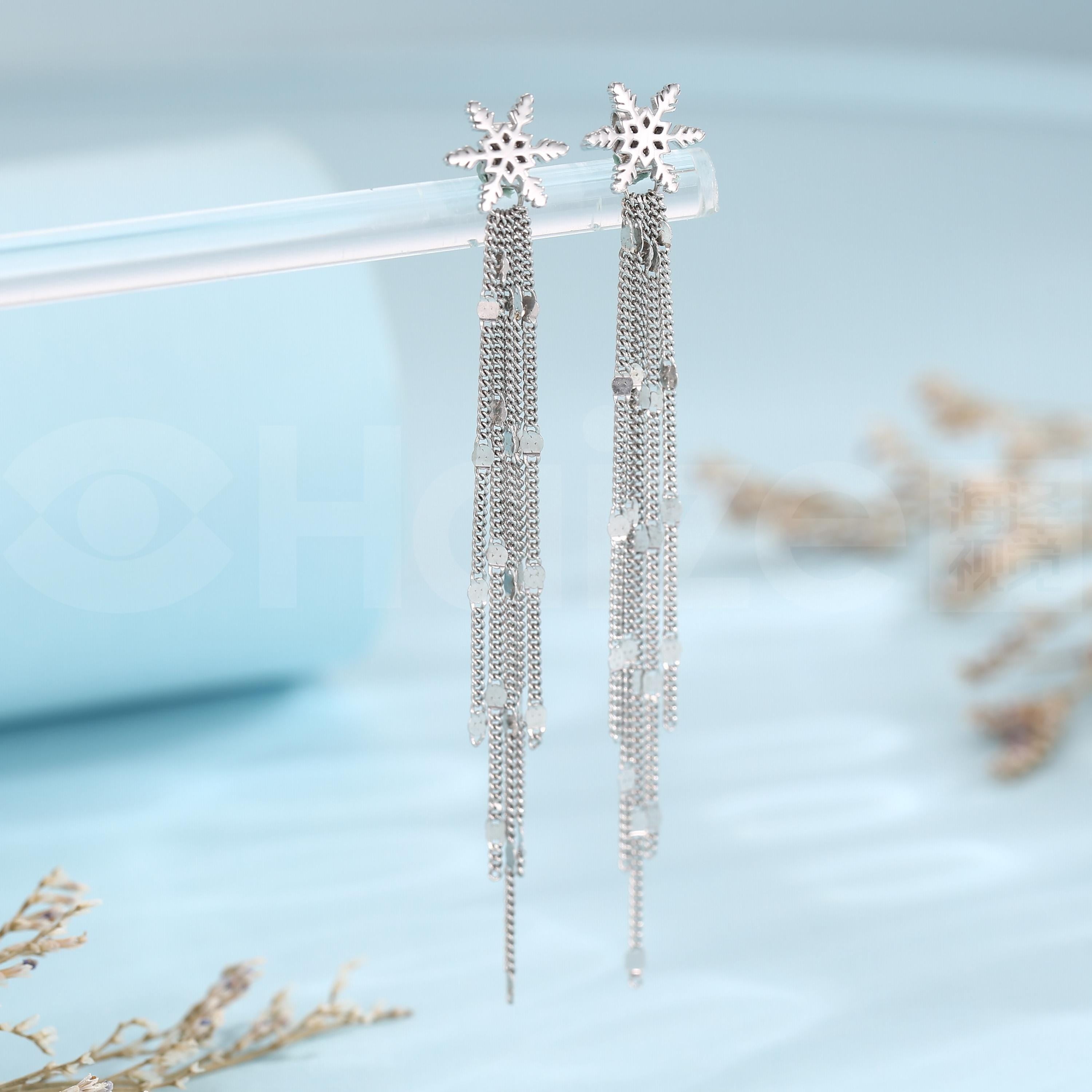 Snowflake Dangle Drop Stud Earrings in Sterling Silver with Sparkle Tassels, Silver or Gold or Rose Gold, Winter Statement Earrings