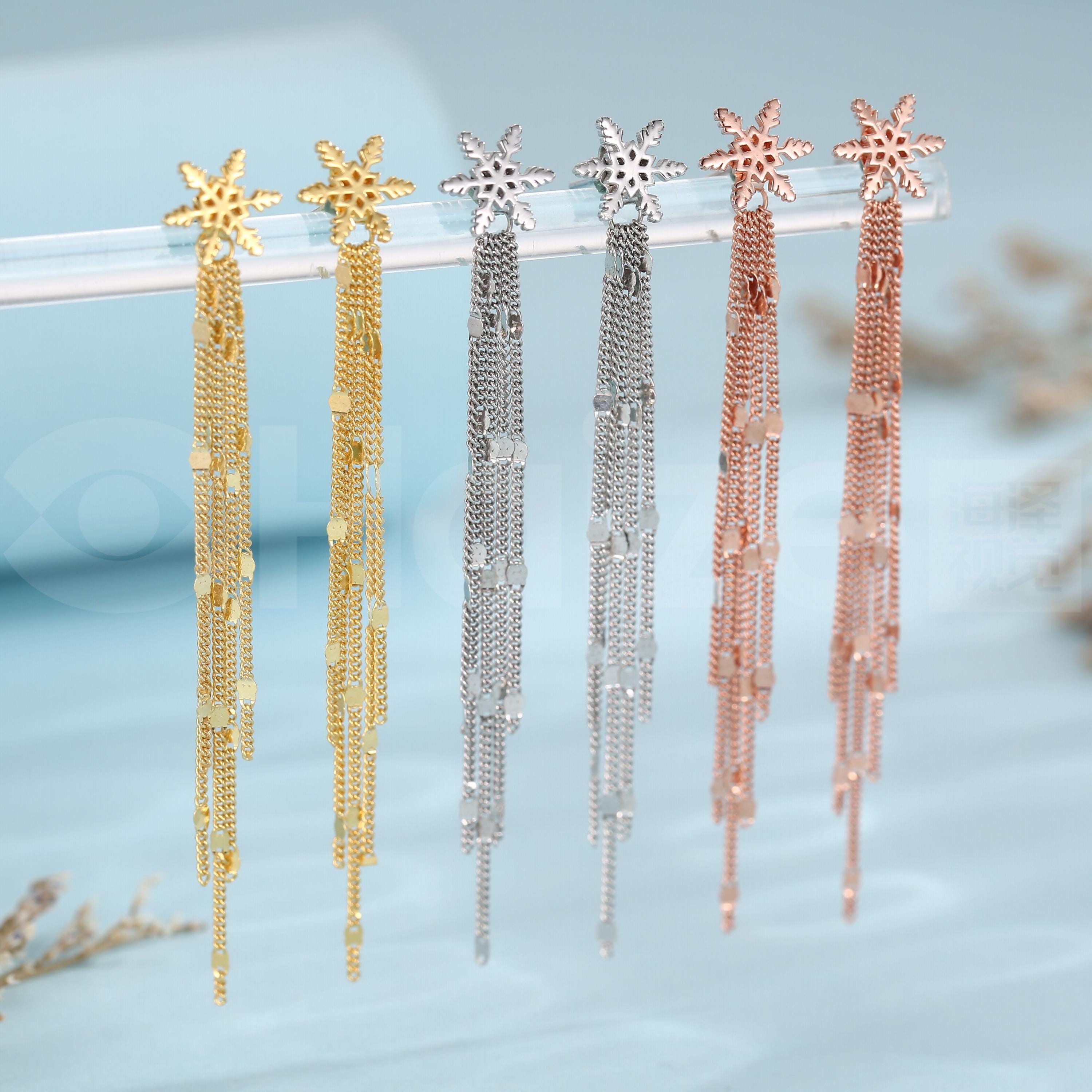 Snowflake Dangle Drop Stud Earrings in Sterling Silver with Sparkle Tassels, Silver or Gold or Rose Gold, Winter Statement Earrings