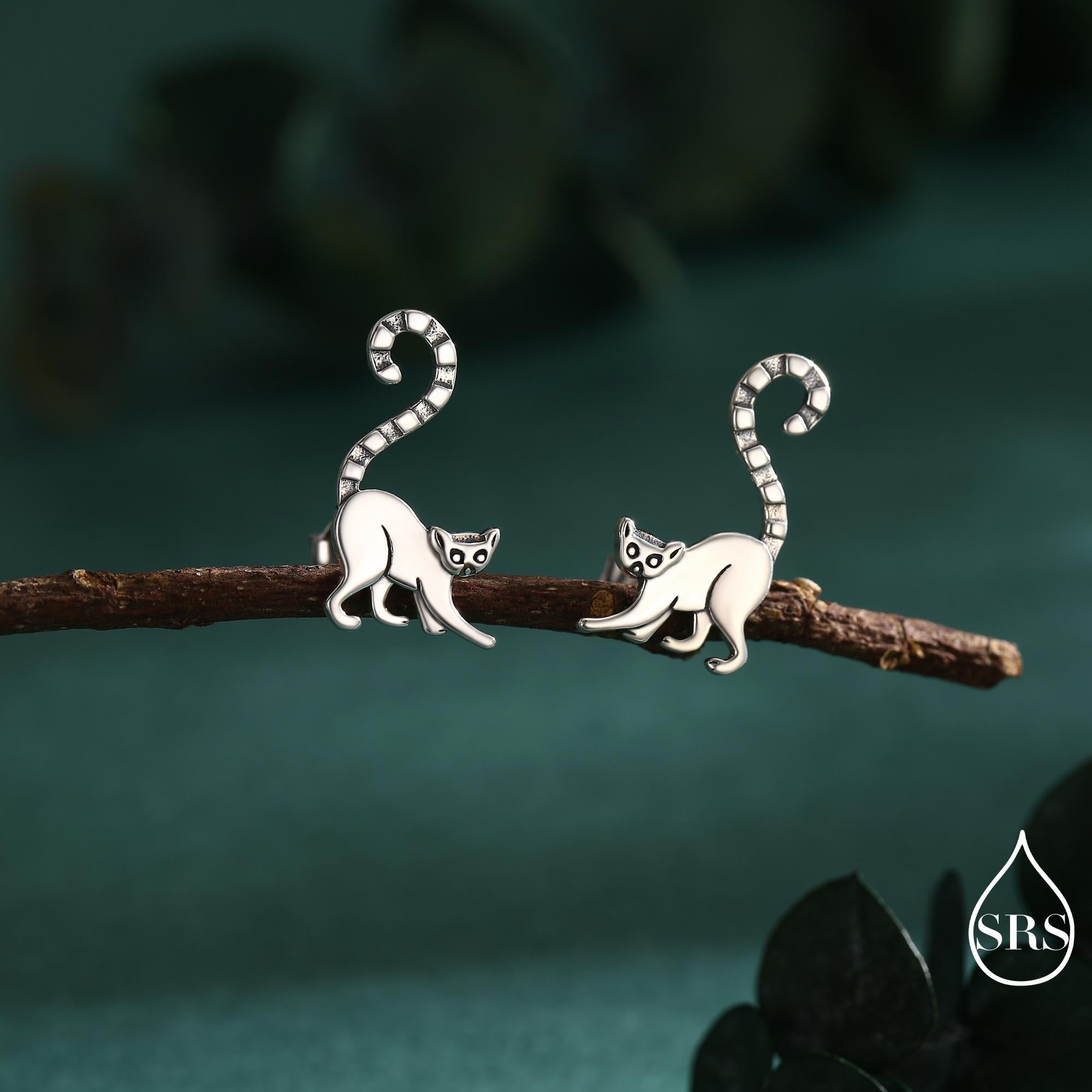 Sterling Silver Lemur Earrings | Minimalist Animal Studs | Jungle Cat Earrings | Mallify Jewellery