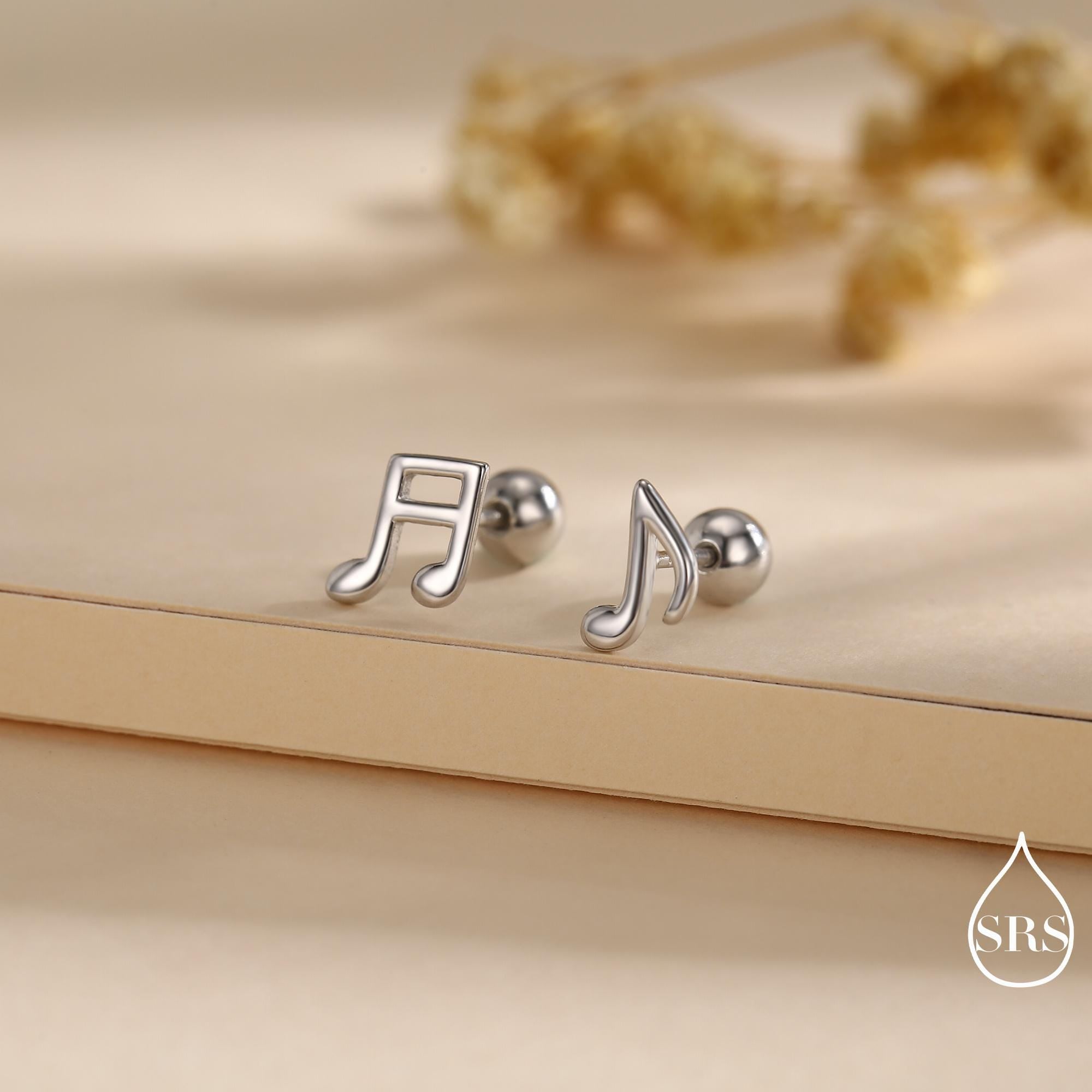 Music Notes Screw Back / Flat Back / Stud Earrings in Sterling Silver, Mismatched Music Symbol Stud Earrings