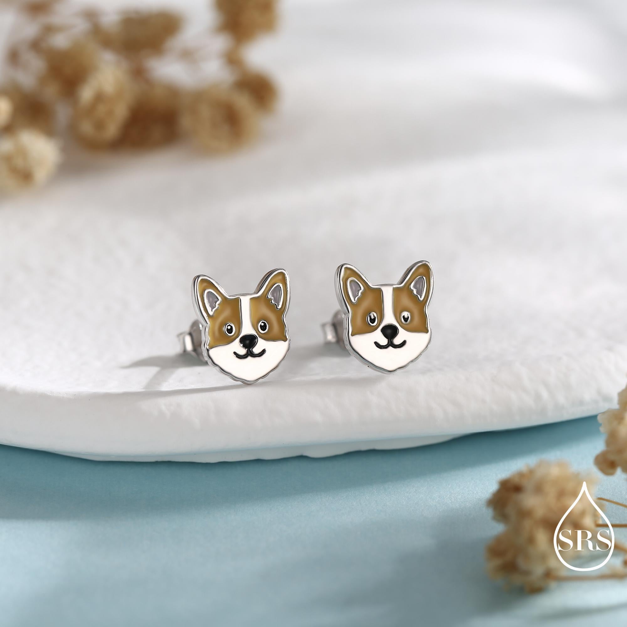 Sterling Silver Corgi Earrings | Cute Dog Studs | Silver or Gold Finish |Enamel Puppy Earrings in Sterling Silver