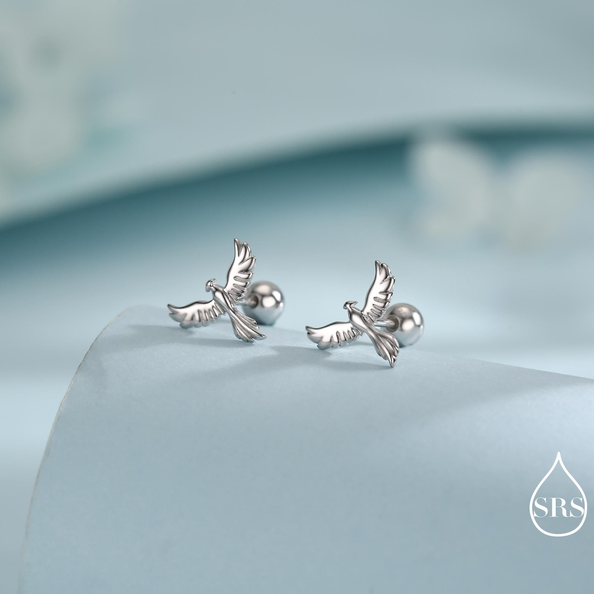 Phoenix Screw Back /Flat Back /Stud Earrings in Sterling Silver, Silver or Gold or Rose Gold Finish, Phoenix Earrings