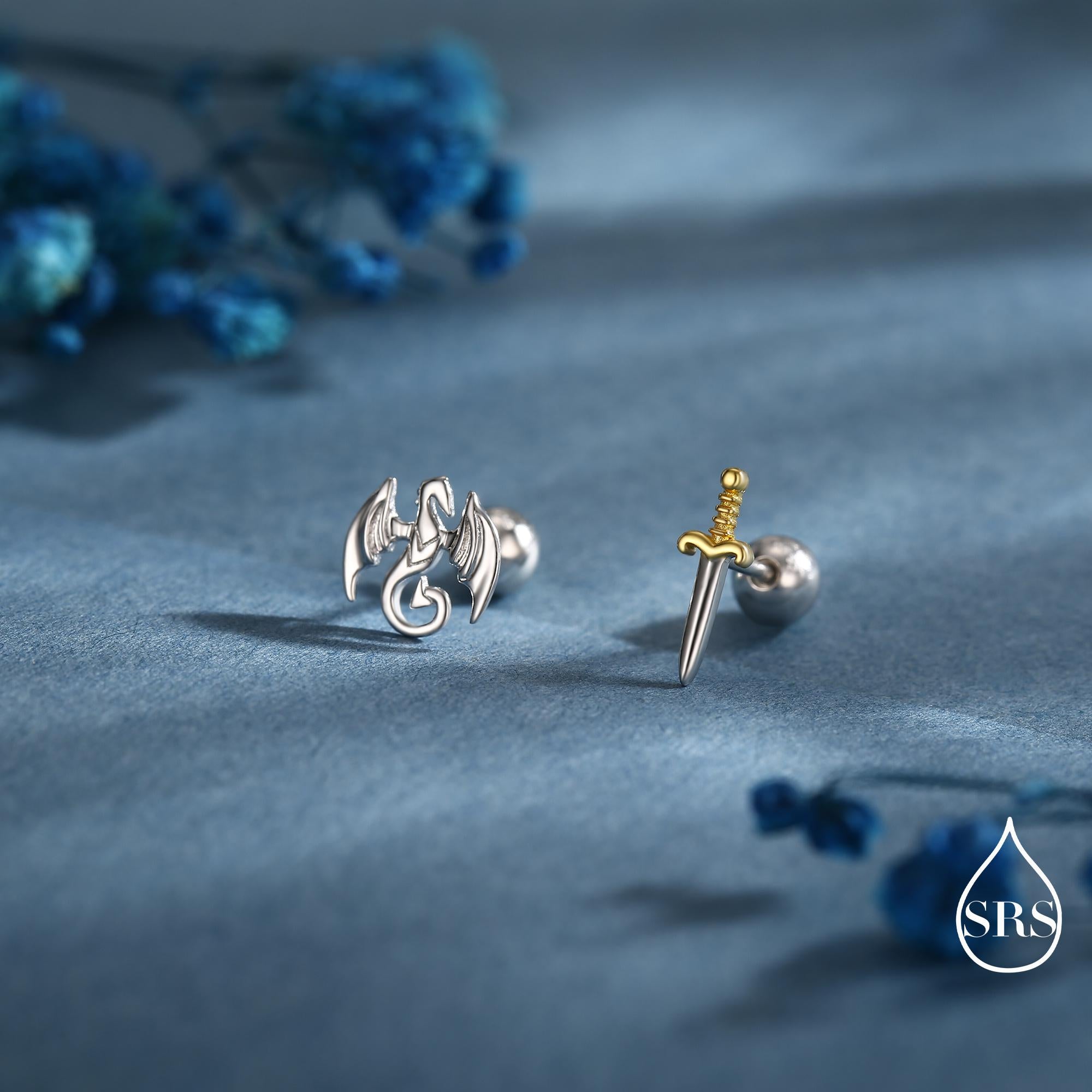 Mismatched Dragon and Sword Screw Back / Stud Earrings in Sterling Silver, Asymmetric Dragon Earrings