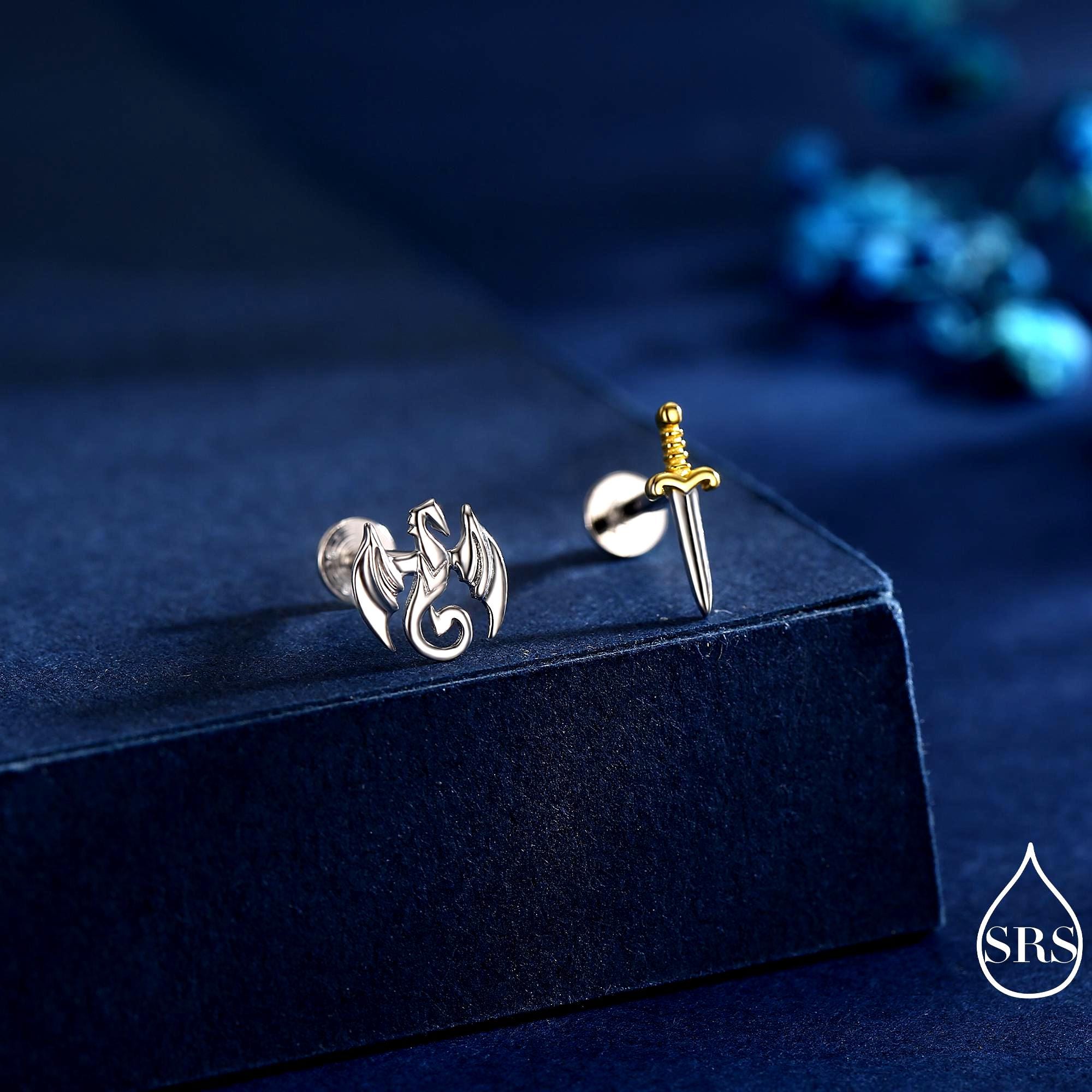 Mismatched Dragon and Sword Internally Threaded Flat Back / Screw Back /Stud Earrings in Sterling Silver, Asymmetric Dragon Earrings